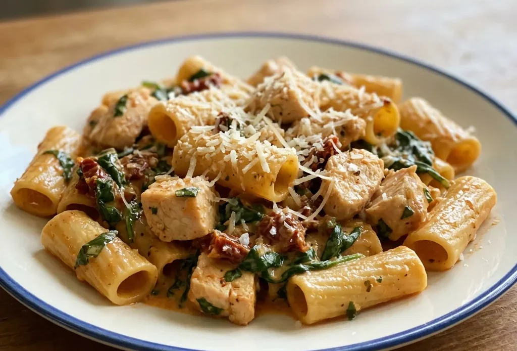 Looking down at rigatoni pasta in creamy sauce with chicken, sun-dried tomatoes, spinach, and basil.