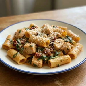 Looking down at rigatoni pasta in creamy sauce with chicken, sun-dried tomatoes, spinach, and basil.