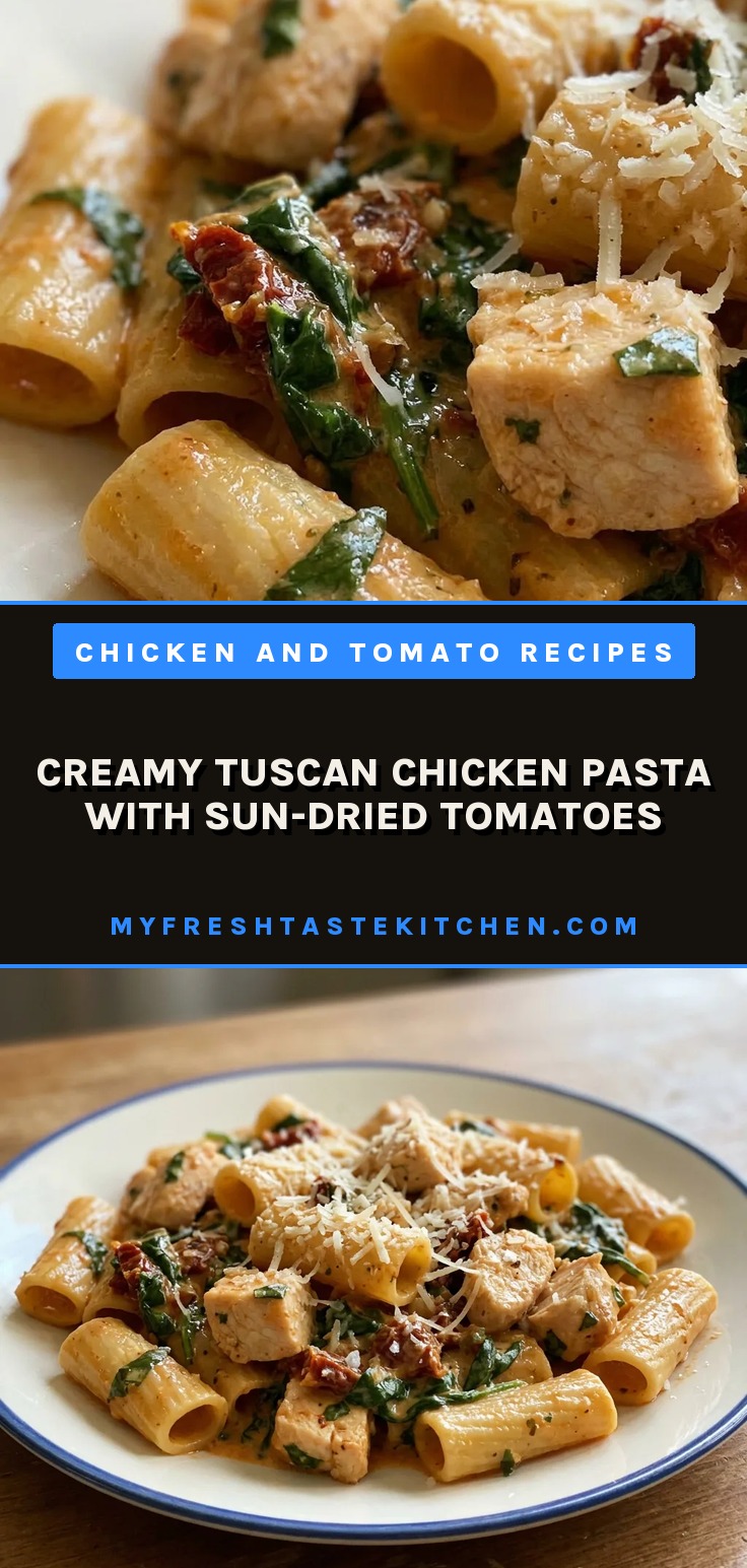 Looking down at rigatoni pasta in creamy sauce with chicken, sun-dried tomatoes, spinach, and basil.