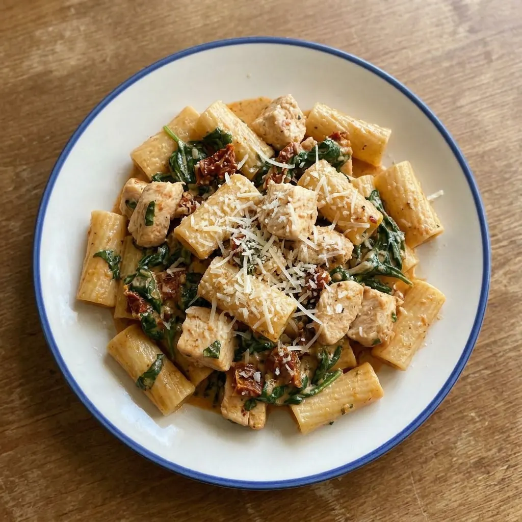 A plate of creamy Tuscan chicken pasta topped with sun-dried tomatoes, spinach, basil, and parmesan.