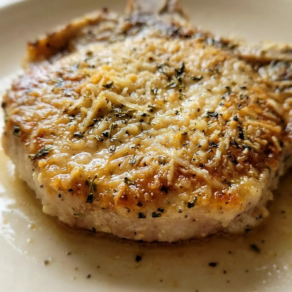 Zoomed in on a pork chop with a crispy golden crust speckled with Parmesan and herbs, showing a juicy interior.