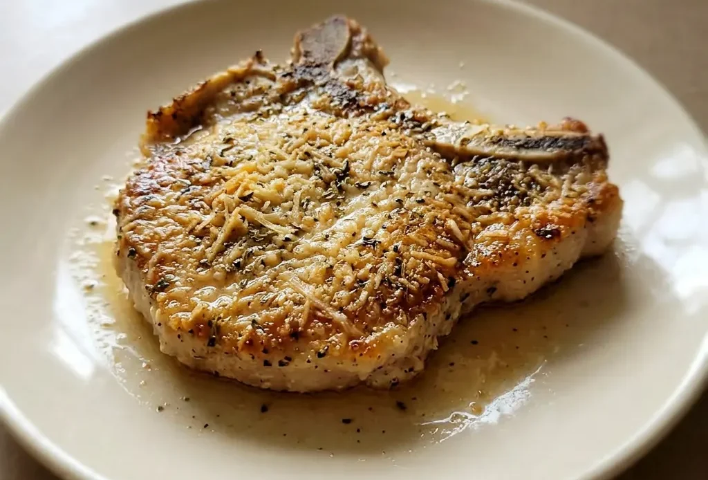Bird's-eye view of two breaded pork chops topped with grated Parmesan and dried herbs, arranged side by side.