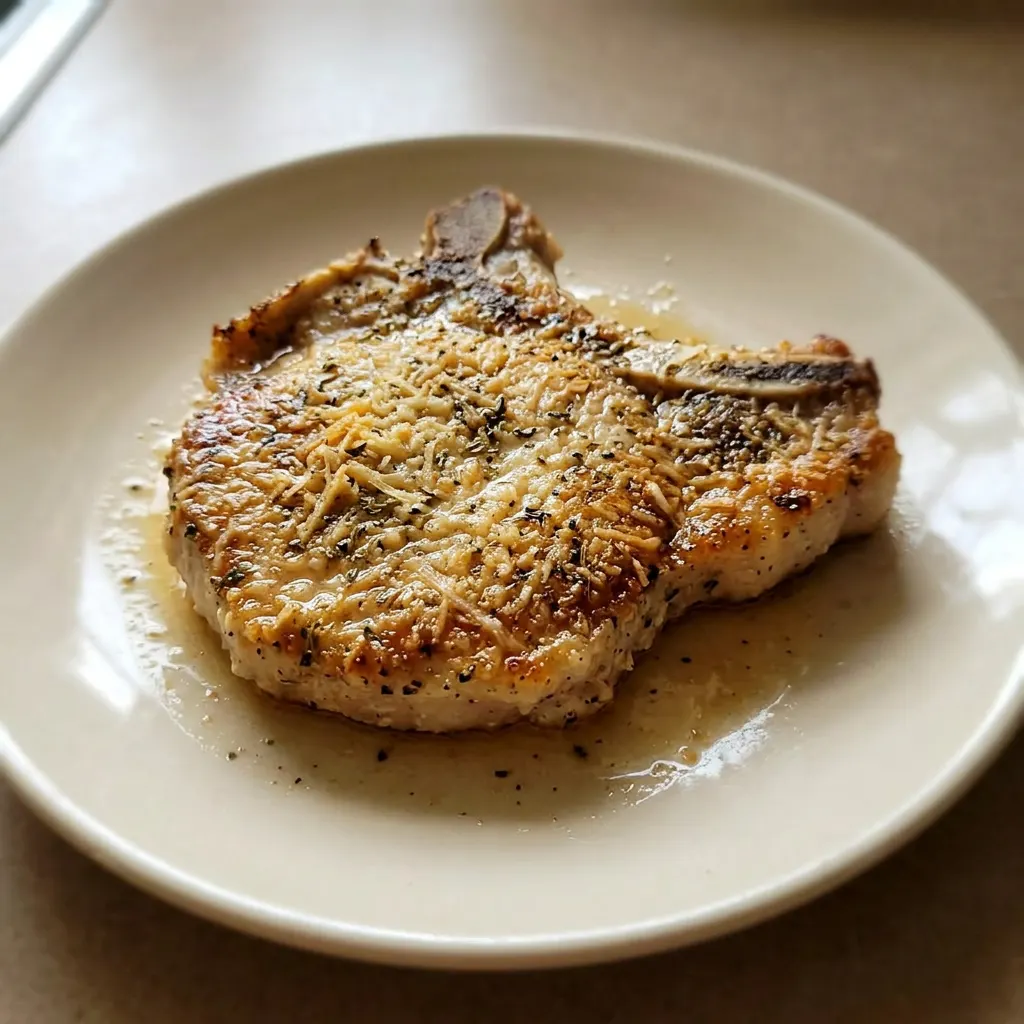 Bird's-eye view of two breaded pork chops topped with grated Parmesan and dried herbs, arranged side by side.