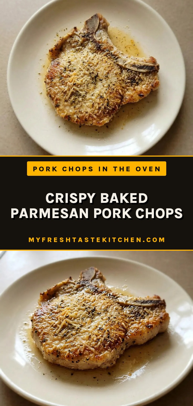 Bird's-eye view of two breaded pork chops topped with grated Parmesan and dried herbs, arranged side by side.