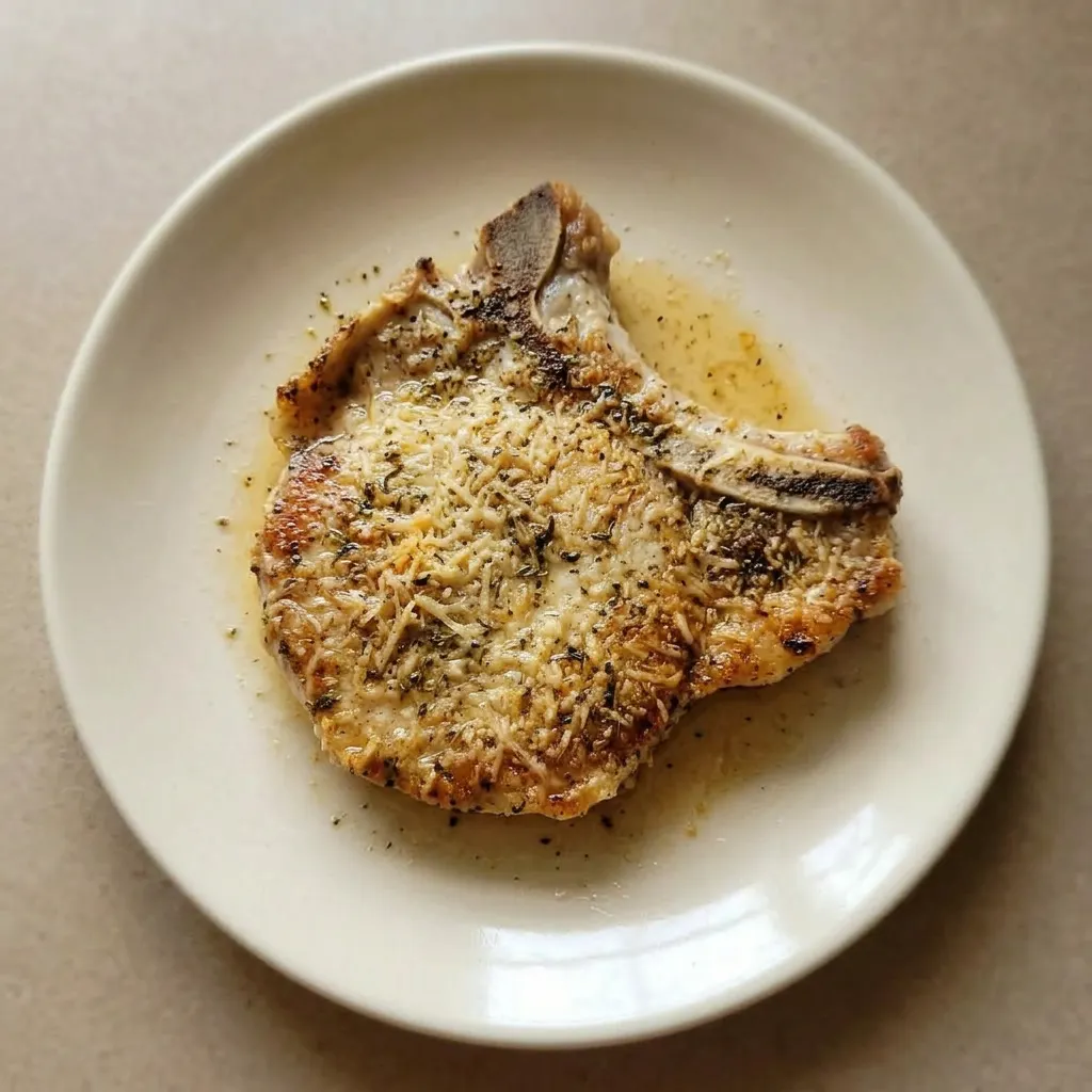 Ready to serve: a single pork chop with a Parmesan-herb crust, lightly drizzled with olive oil.