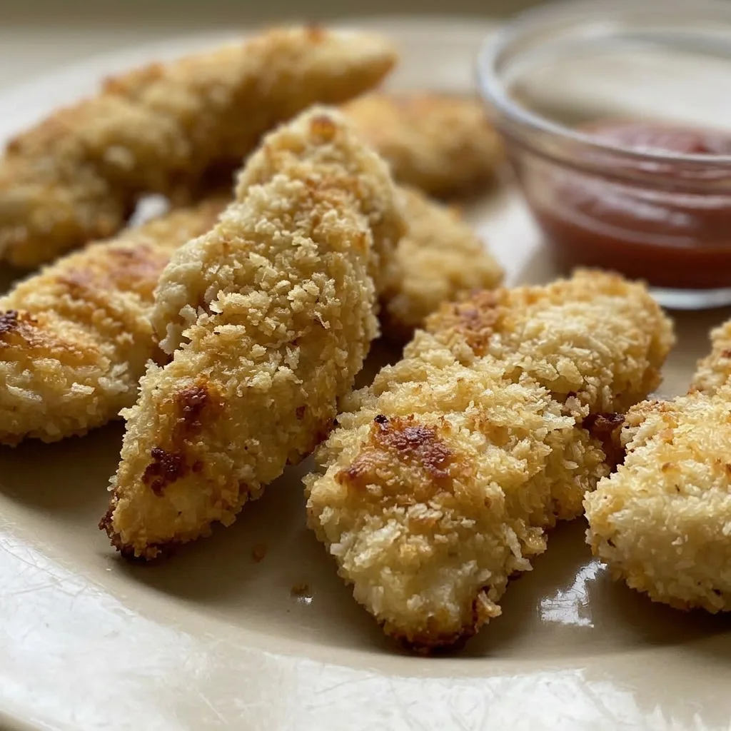 Up close, a crispy chicken tender with visible breadcrumb and Parmesan coating, slightly tilted.