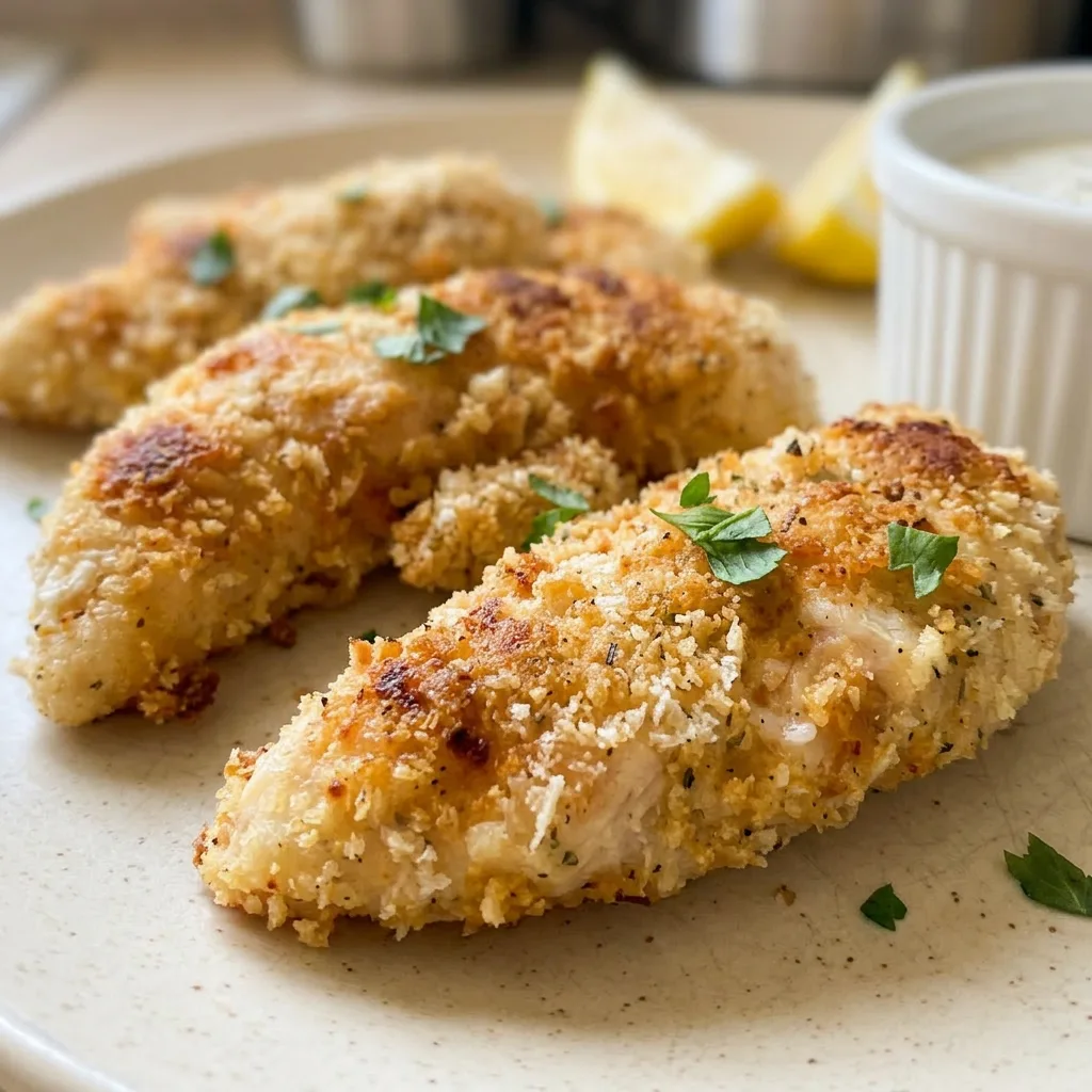 Macro detail of a single chicken tender with a crunchy breadcrumb coating, showing specks of paprika and garlic powder on the surface.
