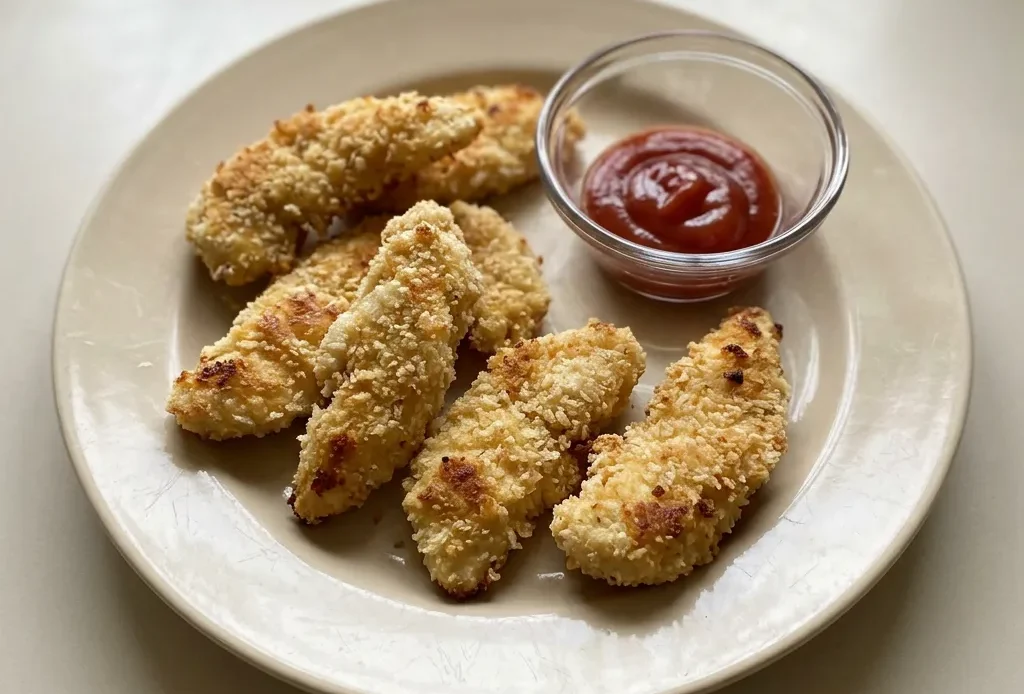 Looking down at golden breaded chicken tenders with Parmesan specks, arranged on a plate.