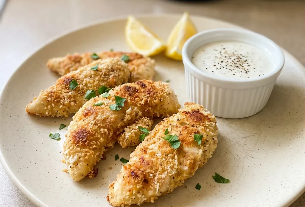 Top-down look at crispy golden chicken tenders arranged in a row, coated in breadcrumbs with visible flecks of paprika and garlic powder.