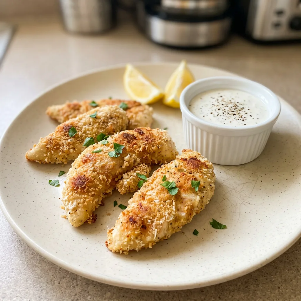 Top-down look at crispy golden chicken tenders arranged in a row, coated in breadcrumbs with visible flecks of paprika and garlic powder.