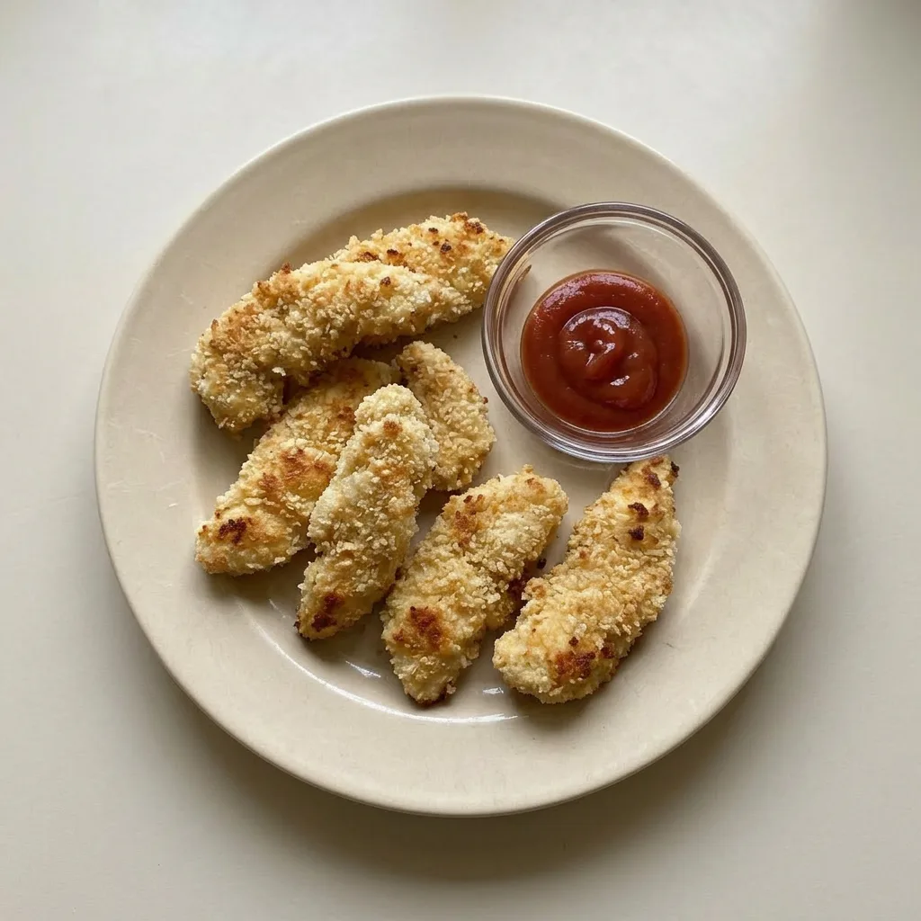 A plate of breaded chicken tenders with Parmesan, some overlapping, golden brown.