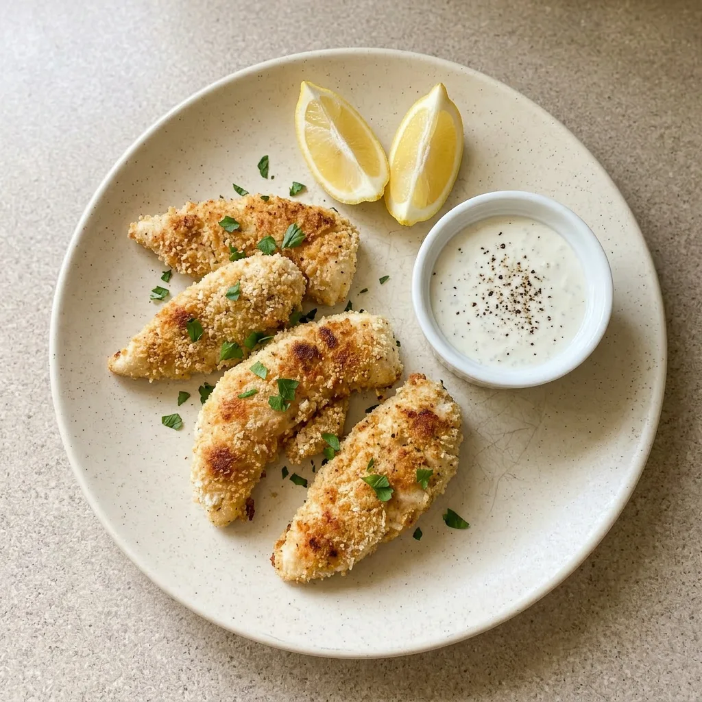 A serving of three breaded chicken tenders, lightly dusted with paprika and garlic powder, with a golden-brown crust.