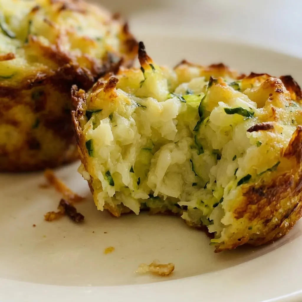 Close view of a crispy Parmesan zucchini potato muffin showing browned breadcrumbs and melted cheese.