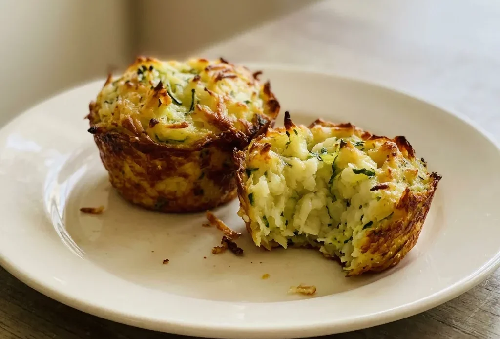 Overhead shot of two golden-brown zucchini potato muffins with melted Parmesan cheese on top, served on a white plate.