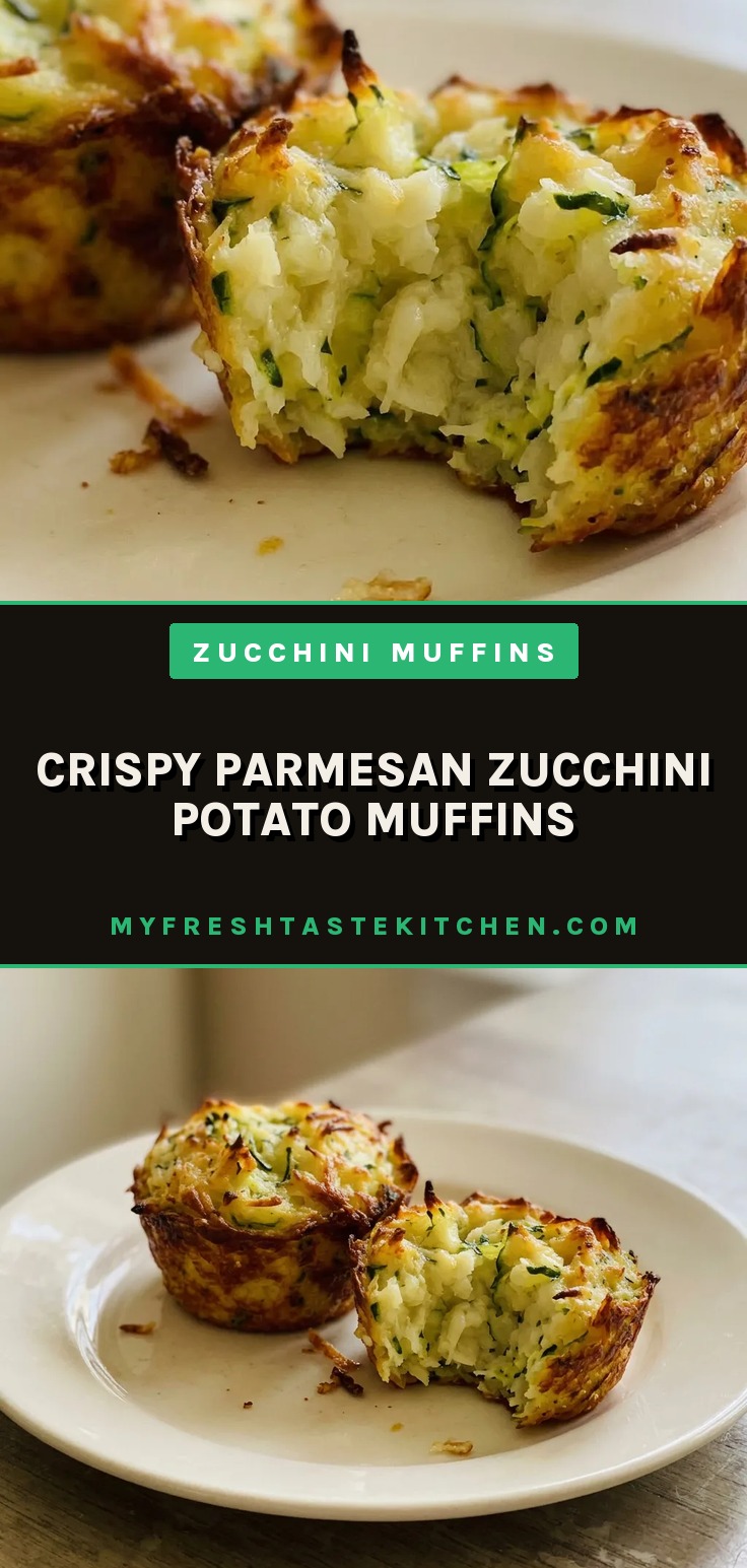 Overhead shot of two golden-brown zucchini potato muffins with melted Parmesan cheese on top, served on a white plate.