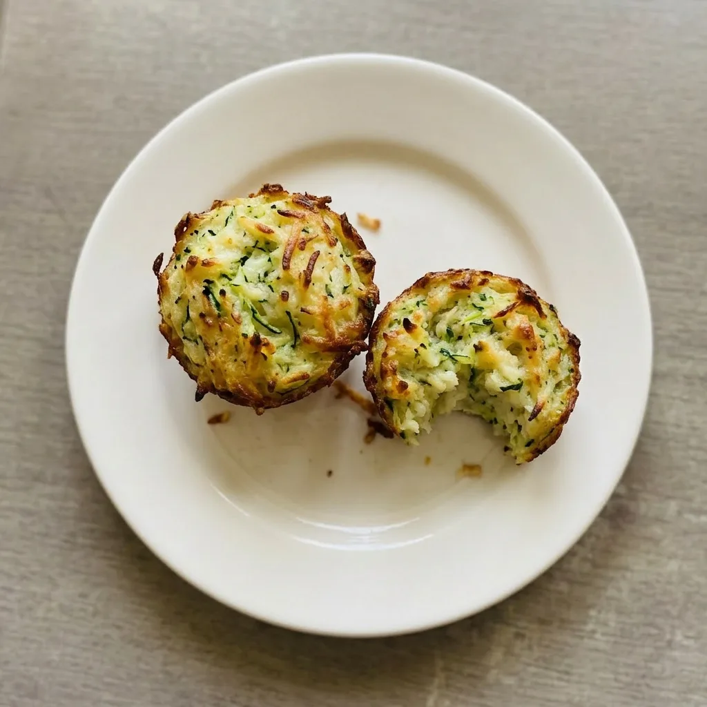 Plated stack of three Parmesan zucchini potato muffins with visible potato and zucchini pieces.