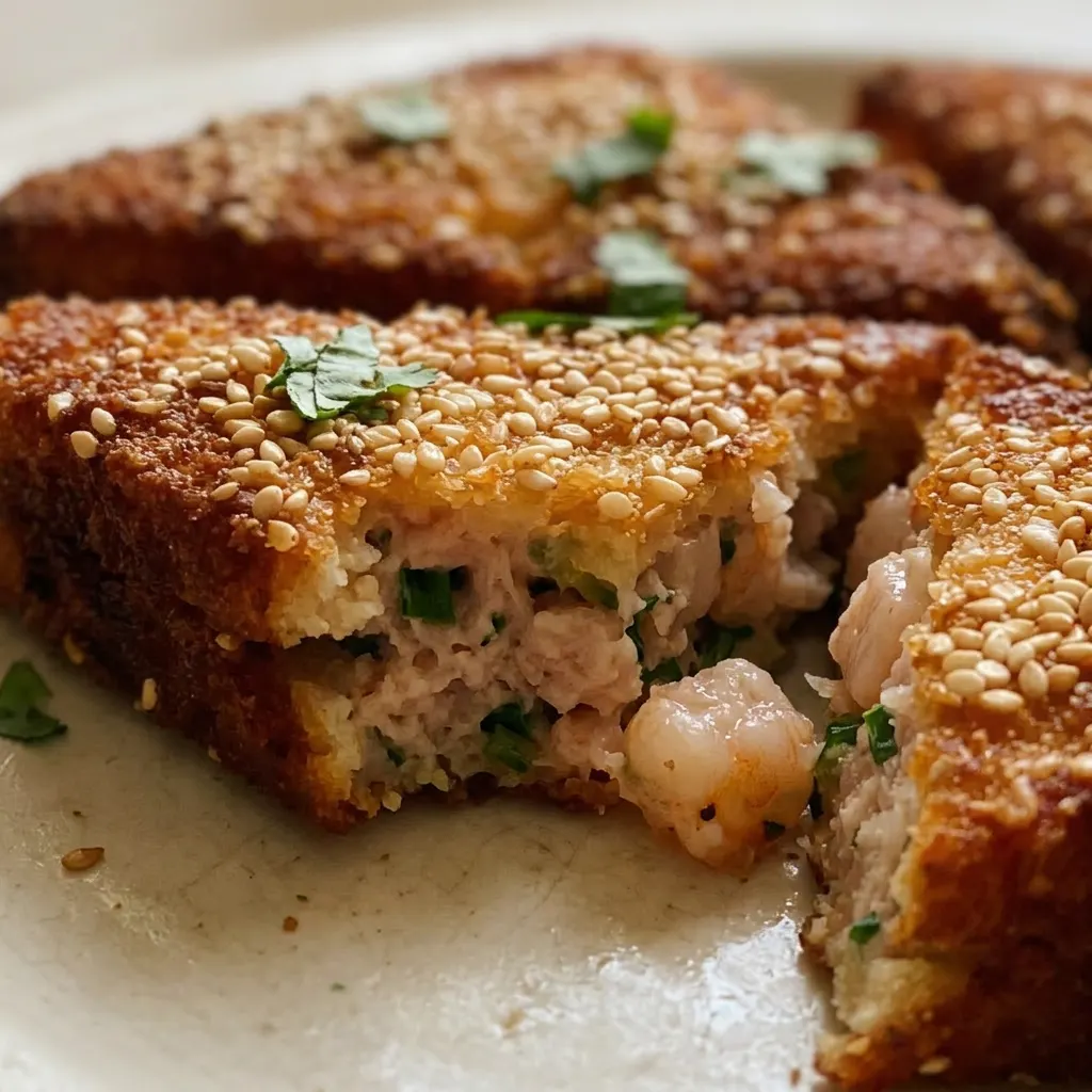 Macro detail of a crispy toast corner with visible shrimp, sesame seeds, and cilantro leaf.