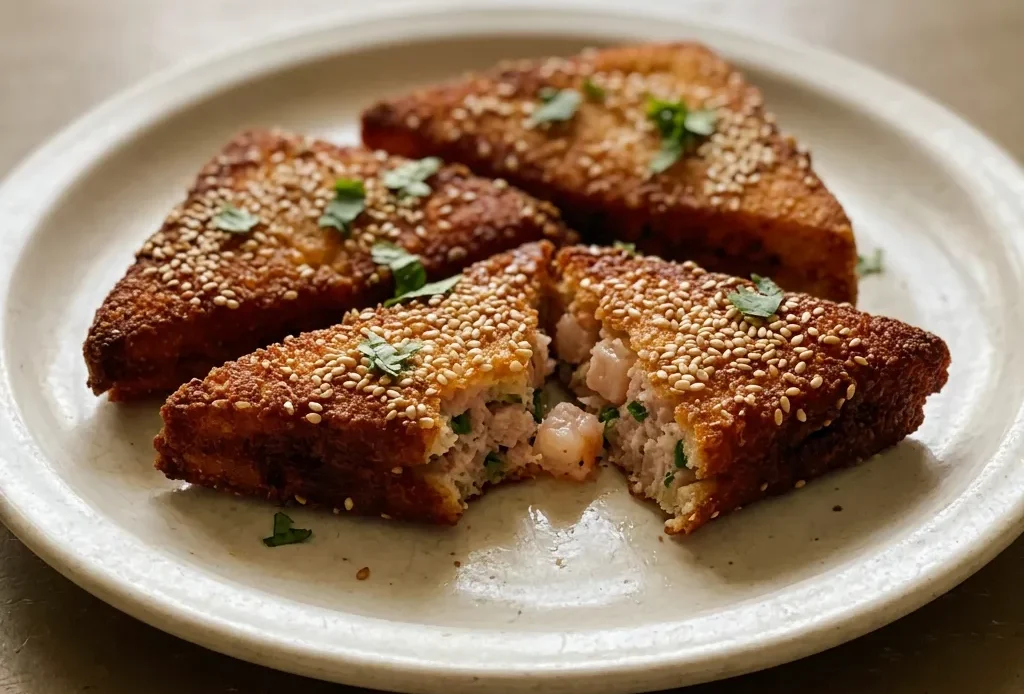 Top-down look at four square shrimp toasts topped with sesame seeds and scallion rings.