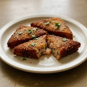 Top-down look at four square shrimp toasts topped with sesame seeds and scallion rings.