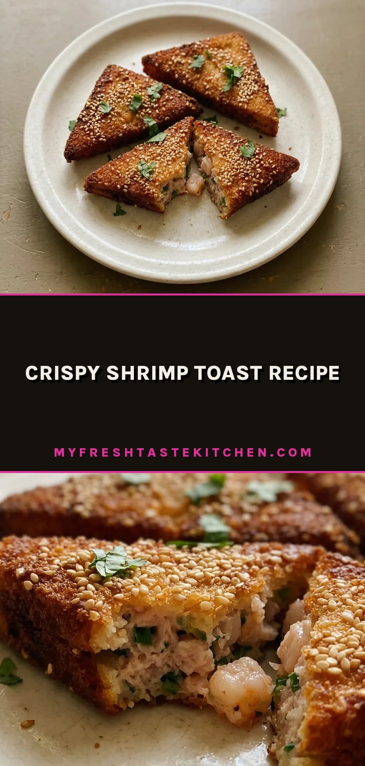Top-down look at four square shrimp toasts topped with sesame seeds and scallion rings.
