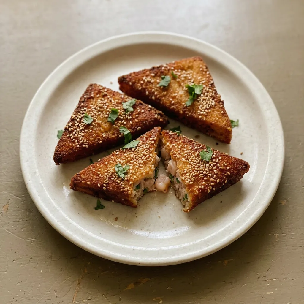 A serving of three golden shrimp toasts garnished with sesame seeds and scallions.