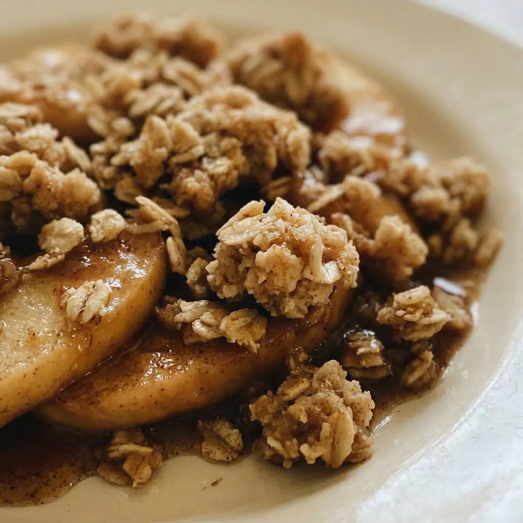 Up close, a spoonful of tender apples and crumbly oat topping with brown sugar and butter.
