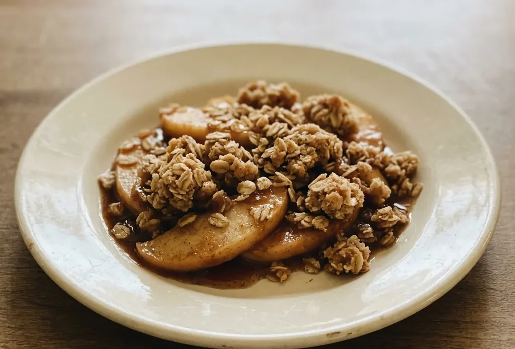Looking down at a bowl of apple crisp with a golden oat topping and visible cinnamon specks.