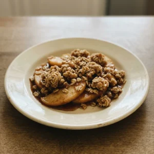 Looking down at a bowl of apple crisp with a golden oat topping and visible cinnamon specks.