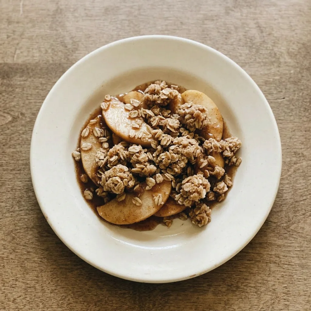 A plate of apple crisp topped with oats, brown sugar, and butter, garnished with a cinnamon stick.