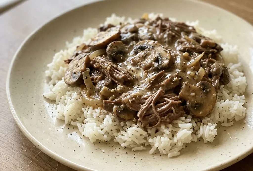 Bird's-eye view of egg noodles topped with beef stroganoff, featuring beef chunks, mushrooms, and onion in a creamy sauce.