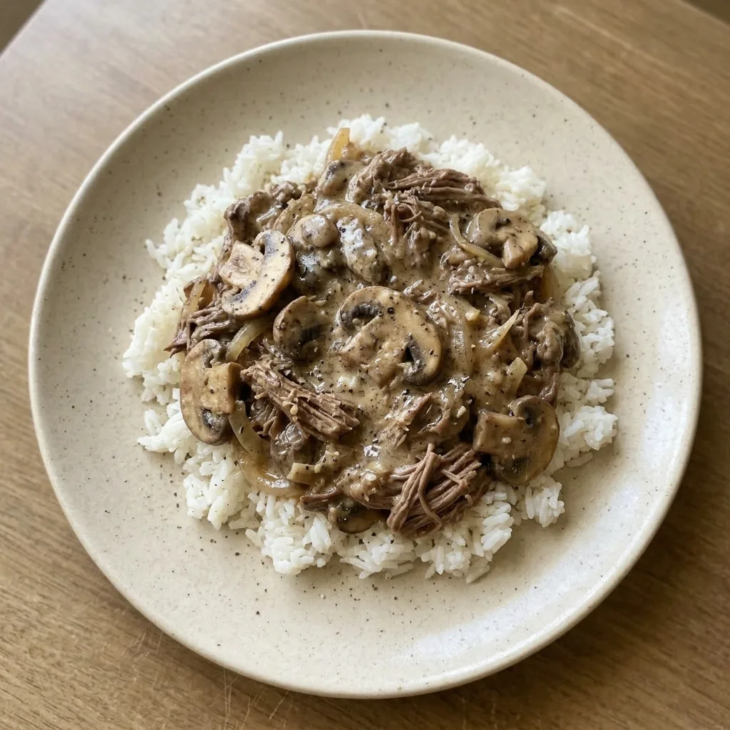 Ready to serve: a generous portion of beef stroganoff over egg noodles, garnished with fresh parsley.