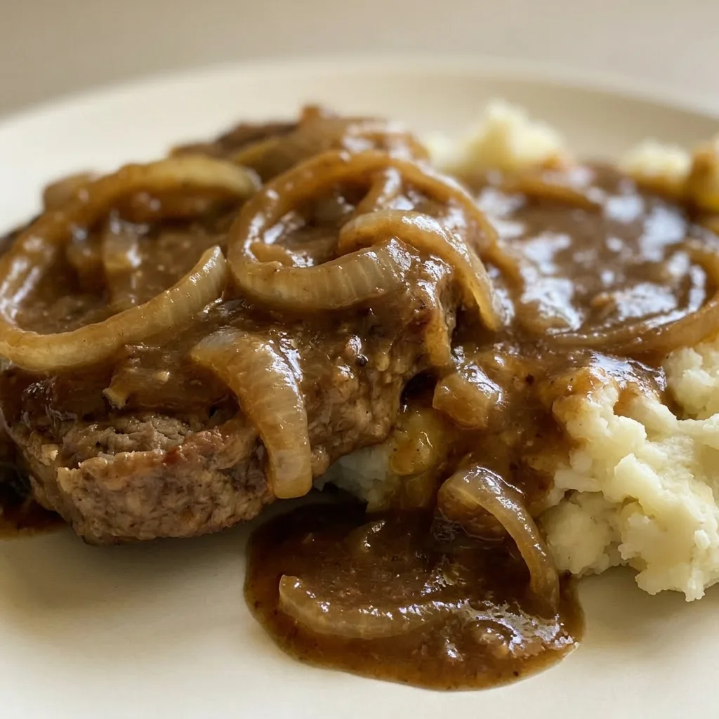 Macro detail of cube steak with rich brown gravy and bits of onion.