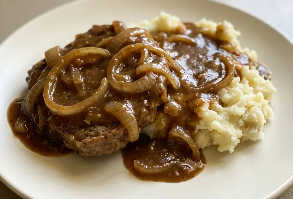 Top-down look at cube steak covered in brown gravy with visible onion pieces.
