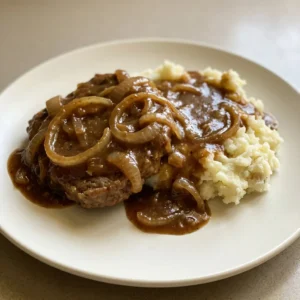 Top-down look at cube steak covered in brown gravy with visible onion pieces.