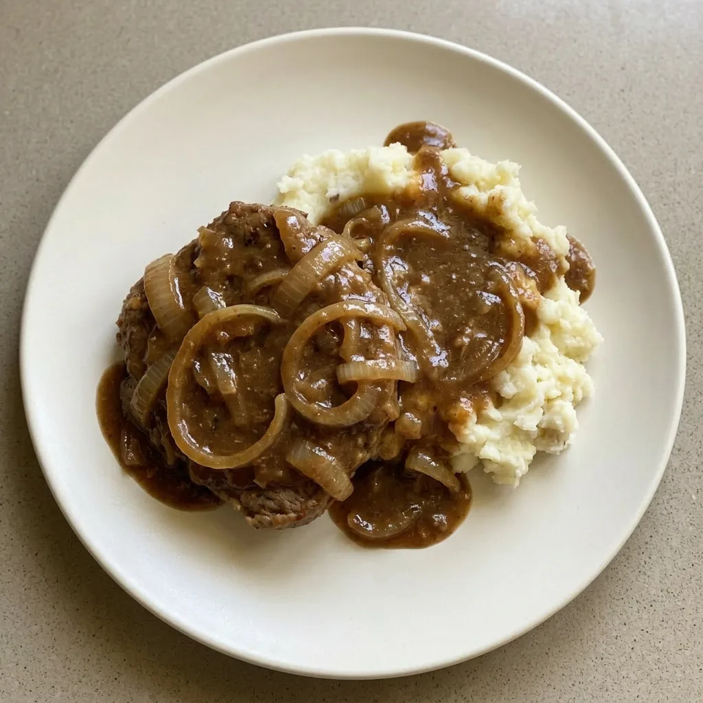 A serving of cube steak smothered in gravy with onion, seasoned with Worcestershire and garlic.