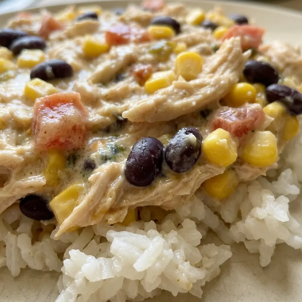Macro detail of shredded chicken coated in cream cheese sauce with black beans and corn kernels.