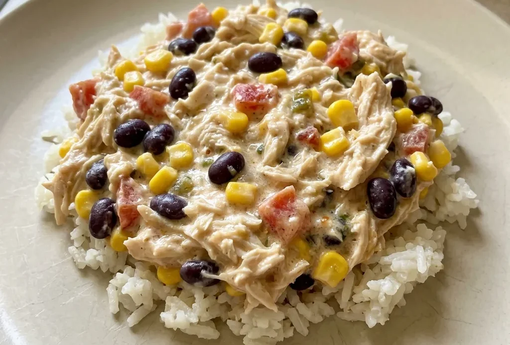 Top-down look at chicken with black beans, corn, diced tomatoes, and green chilies in creamy sauce.