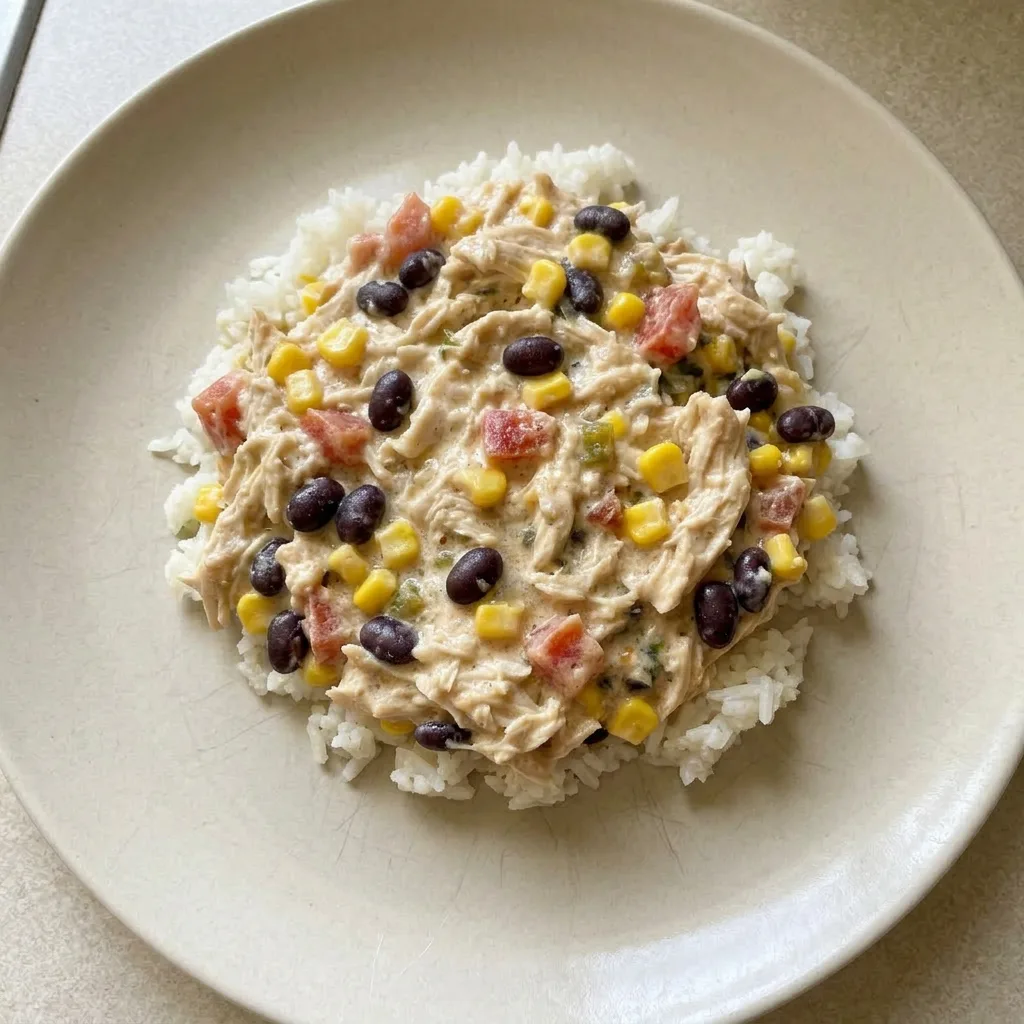 A serving of chicken, black beans, and corn in a creamy sauce with diced tomatoes and green chilies.