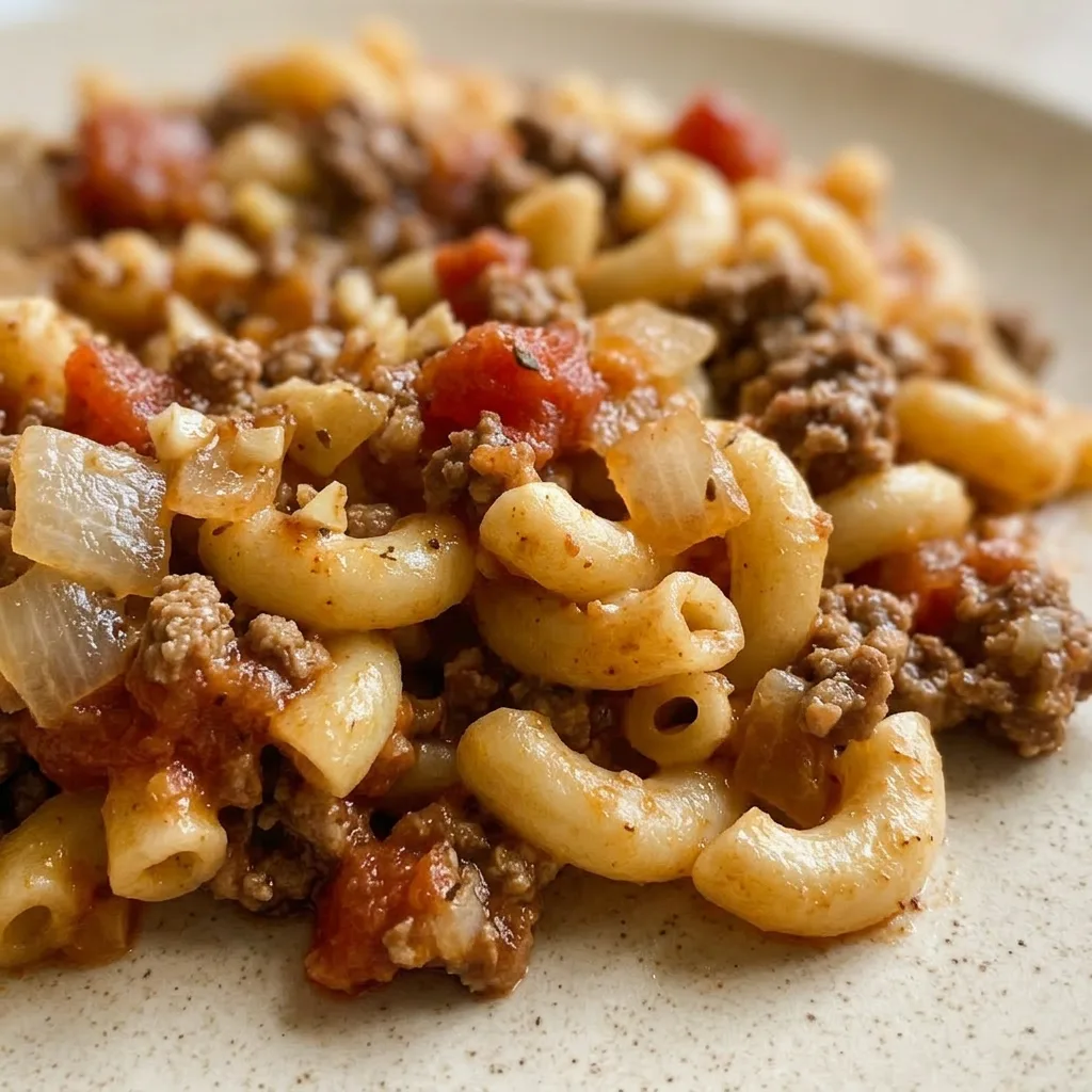 Up close, a spoonful of goulash with macaroni, beef, and tomato chunks, garnished with green herbs and red pepper flakes.
