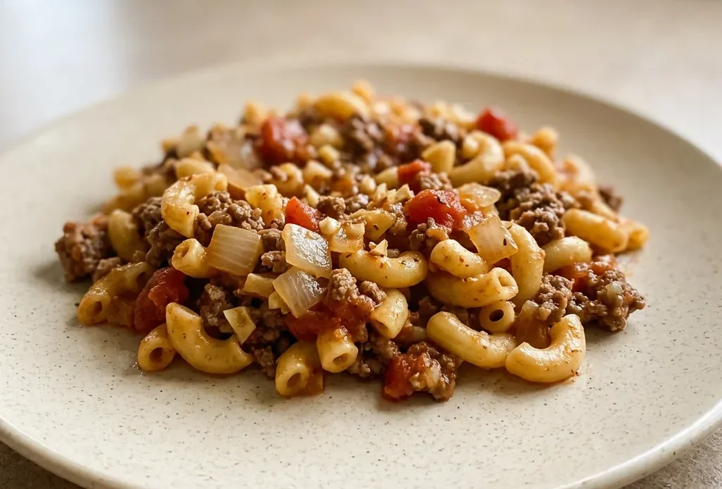 Looking down at a bowl of goulash with elbow macaroni, ground beef, and diced tomatoes in a thick red sauce, topped with paprika and Italian seasoning.