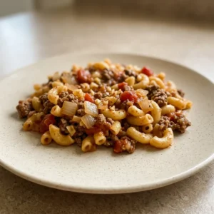 Looking down at a bowl of goulash with elbow macaroni, ground beef, and diced tomatoes in a thick red sauce, topped with paprika and Italian seasoning.