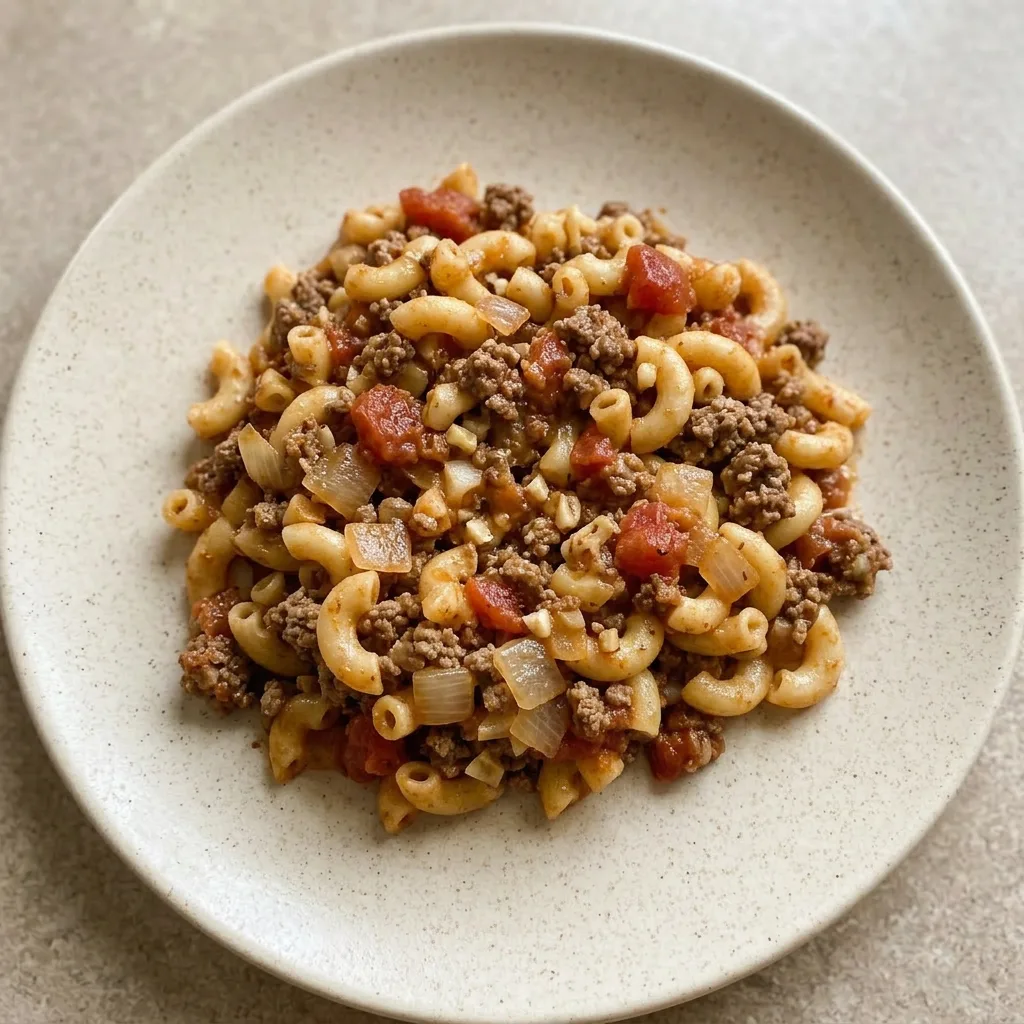 A plate of goulash with elbow macaroni and ground beef in a tomato-based sauce, sprinkled with paprika and Italian seasoning.