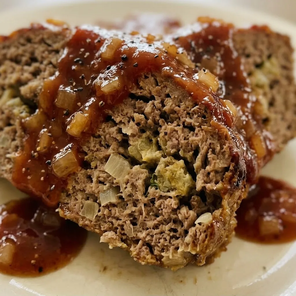Close view of a meatloaf slice with ketchup and brown sugar topping, ground beef texture visible.