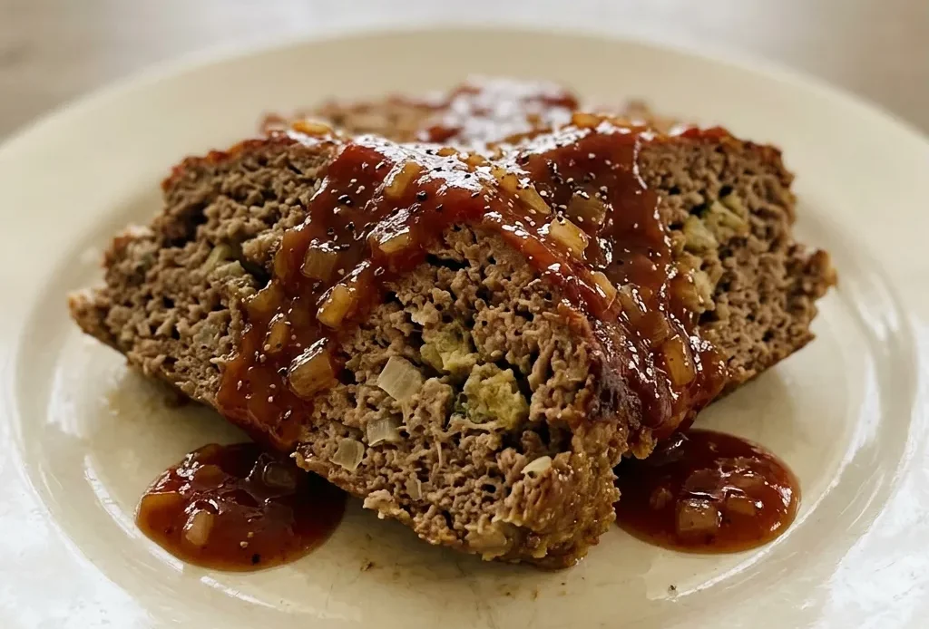 Overhead shot of a round meatloaf slice topped with ketchup glaze and brown sugar, with stuffing mix visible.