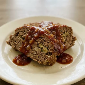 Overhead shot of a round meatloaf slice topped with ketchup glaze and brown sugar, with stuffing mix visible.