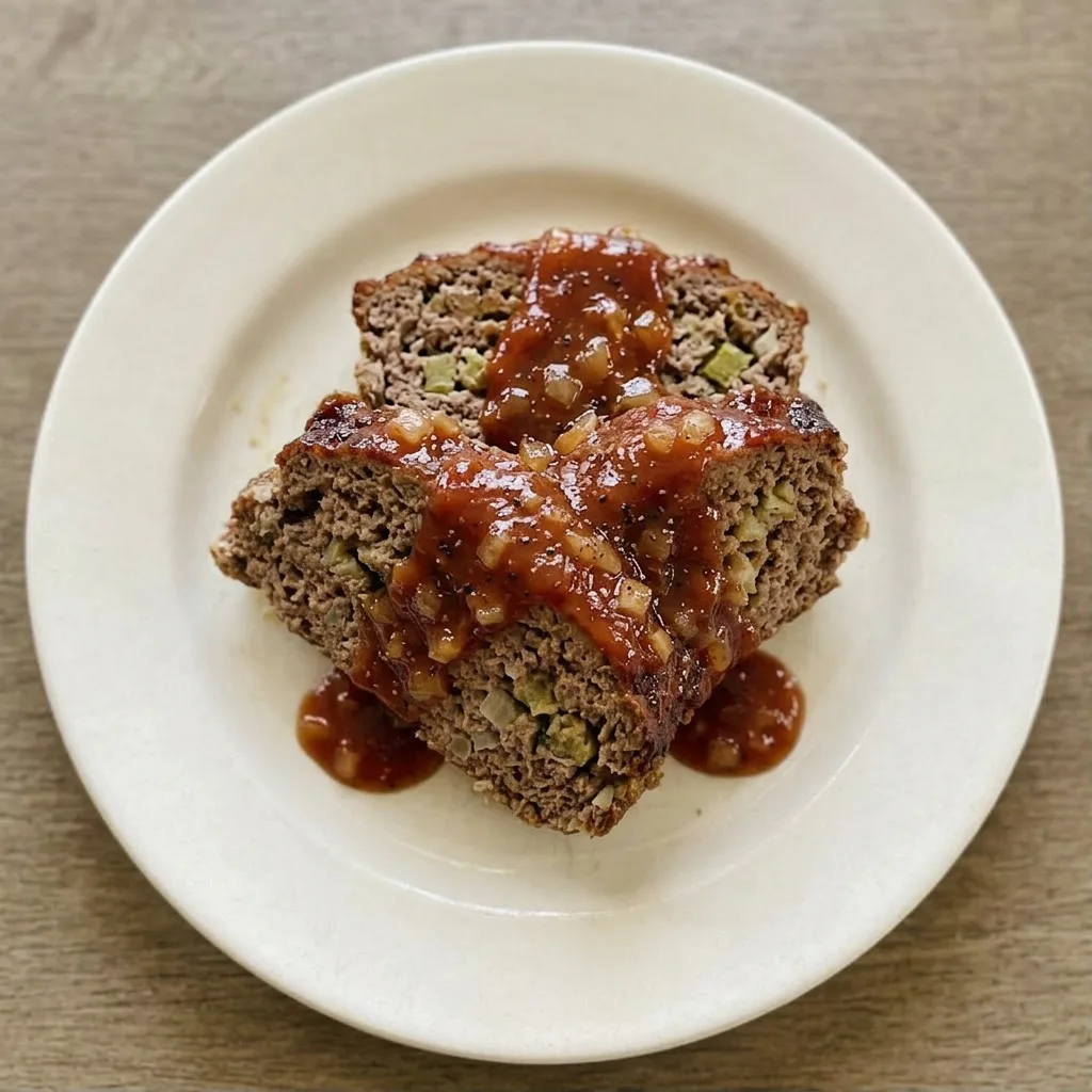 Plated meatloaf slice with ketchup and brown sugar glaze, stuffing mix pieces on top.