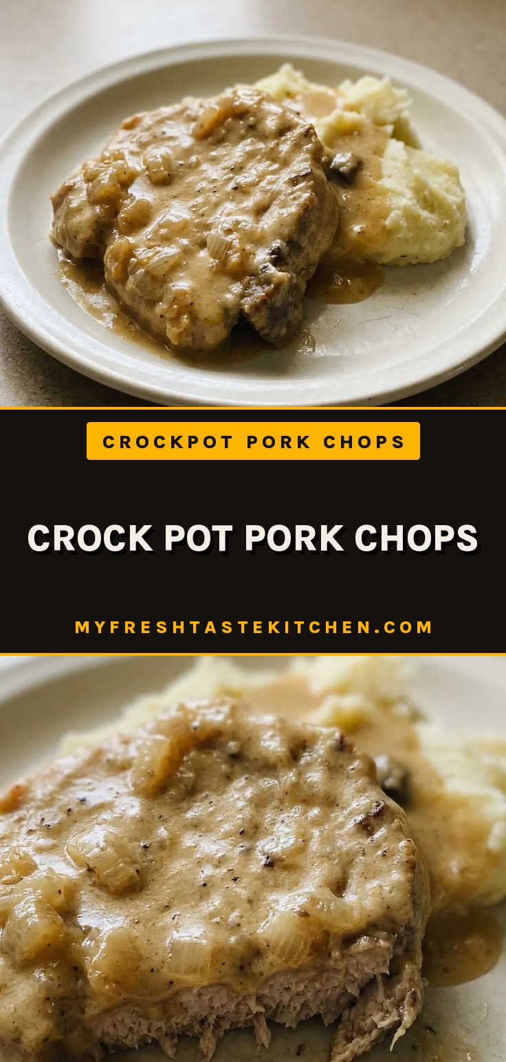 Bird's-eye view of two pork chops in thick gravy with sliced onions on top.