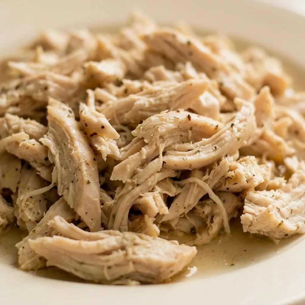 Close view of moist shredded chicken pieces coated in seasoning salt and black pepper, with visible broth pooling.
