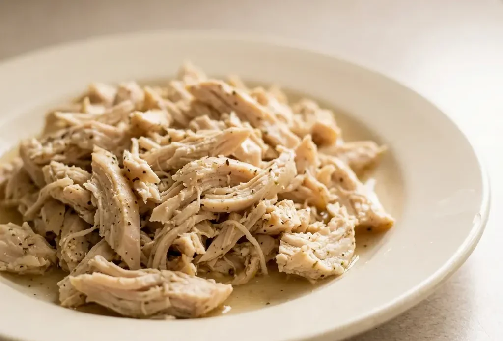 Overhead shot of shredded chicken breast with dark seasoning spots and Italian herb flakes, surrounded by clear broth.