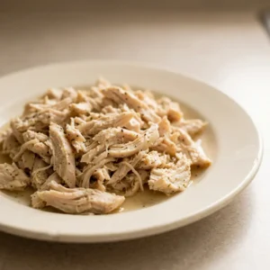 Overhead shot of shredded chicken breast with dark seasoning spots and Italian herb flakes, surrounded by clear broth.